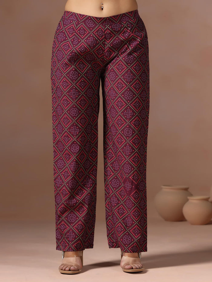 Women Chanderi Purple Bandhani Print Embroidered Kurta Comfort Pant Dupatta.