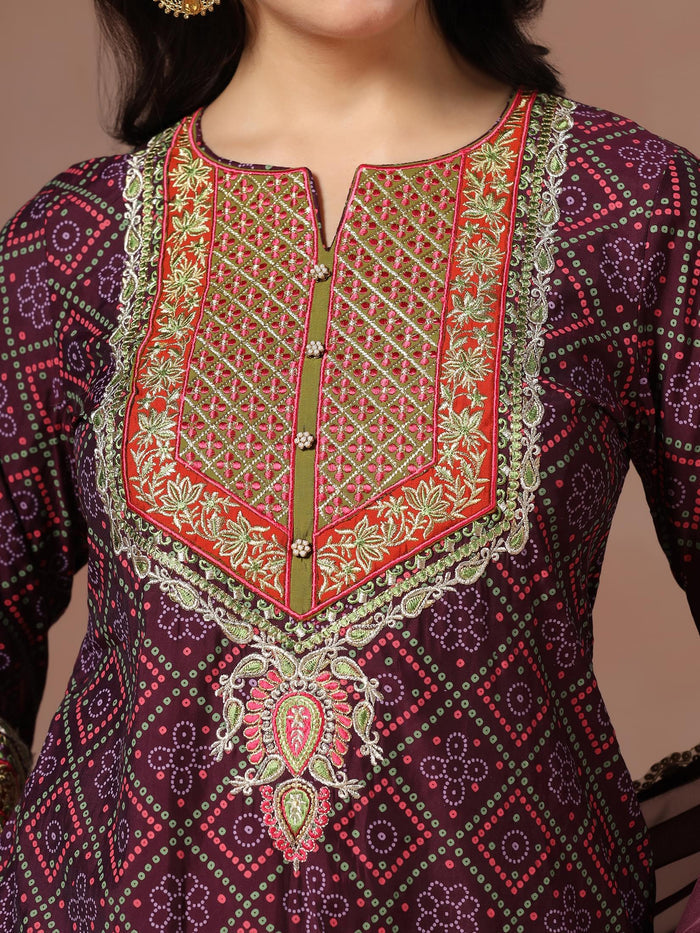 Women Chanderi Purple Bandhani Print Embroidered Kurta Comfort Pant Dupatta.