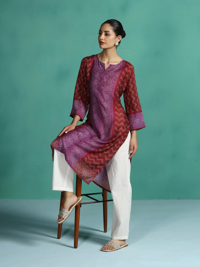Women Chanderi Purple Printed Kurta.