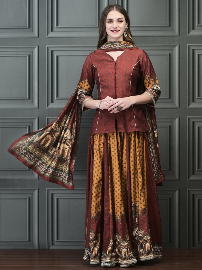 Women Chanderi Rust Kurta Skirt Dupatta.