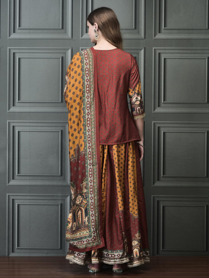 Women Chanderi Rust Kurta Skirt Dupatta.