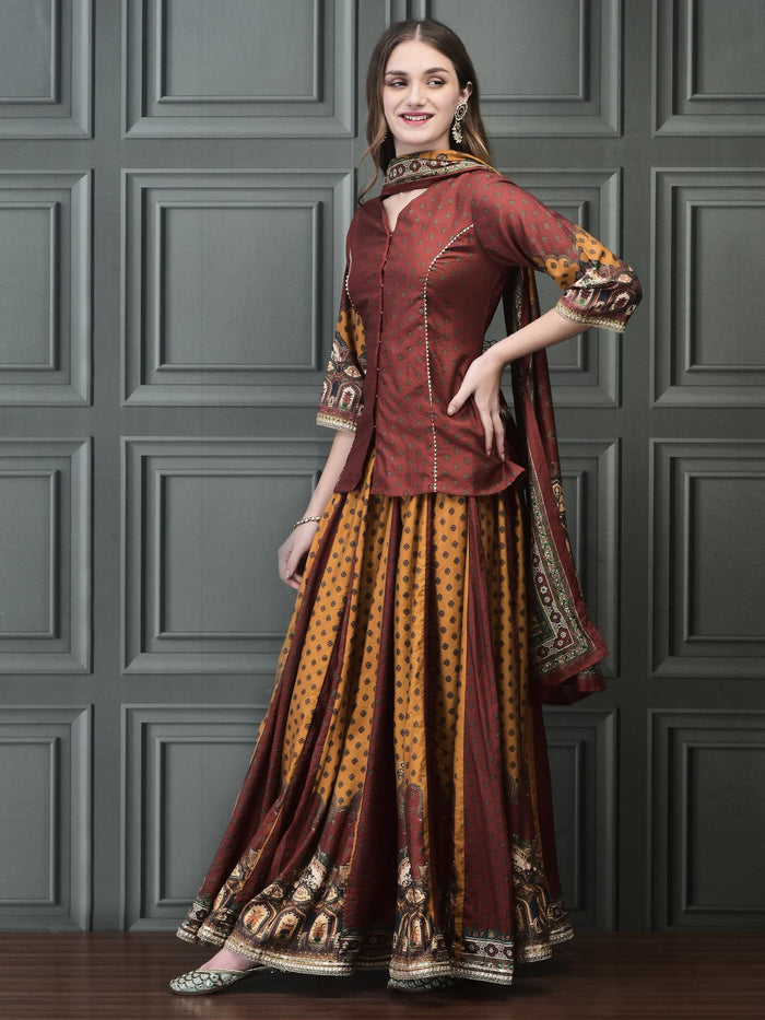 Women Chanderi Rust Kurta Skirt Dupatta.