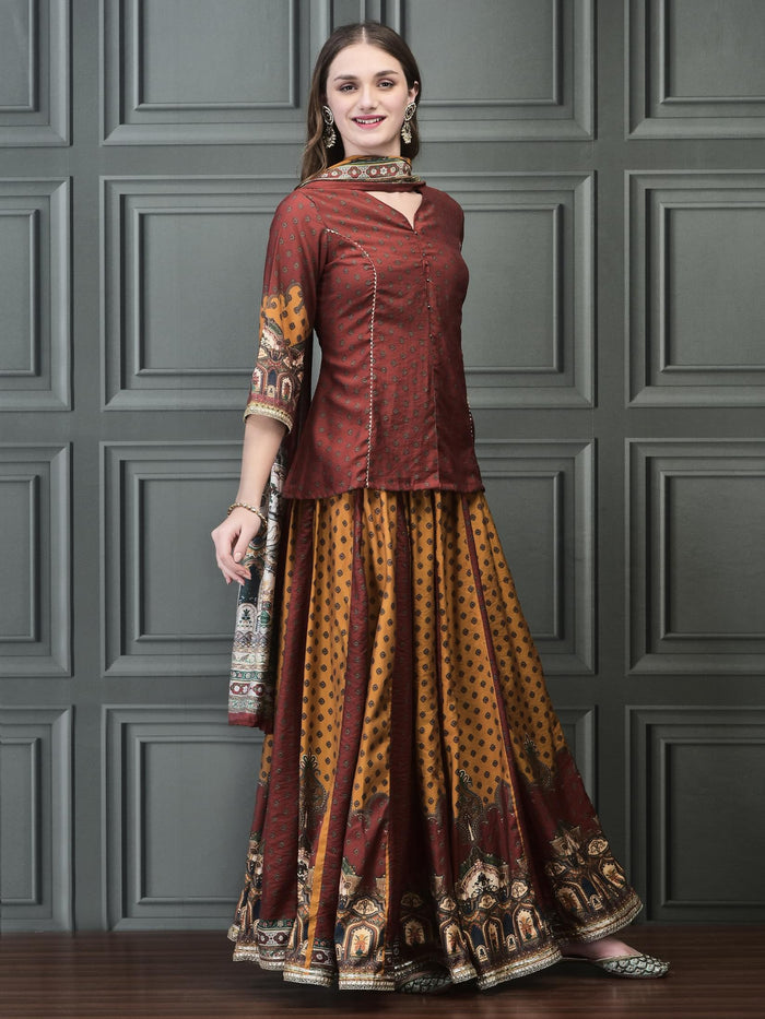 Women Chanderi Rust Kurta Skirt Dupatta.