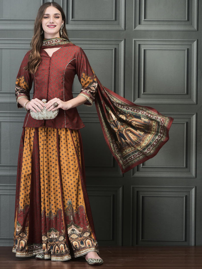 Women Chanderi Rust Kurta Skirt Dupatta.