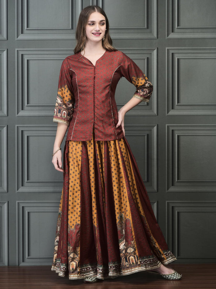 Women Chanderi Rust Kurta Skirt Dupatta.