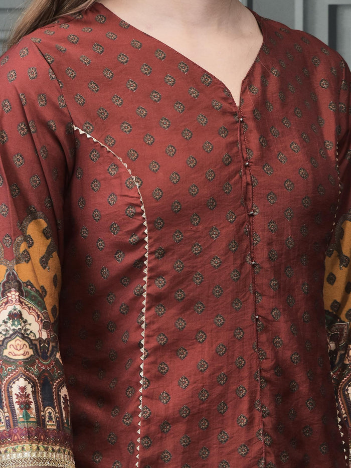 Women Chanderi Rust Kurta Skirt Dupatta.