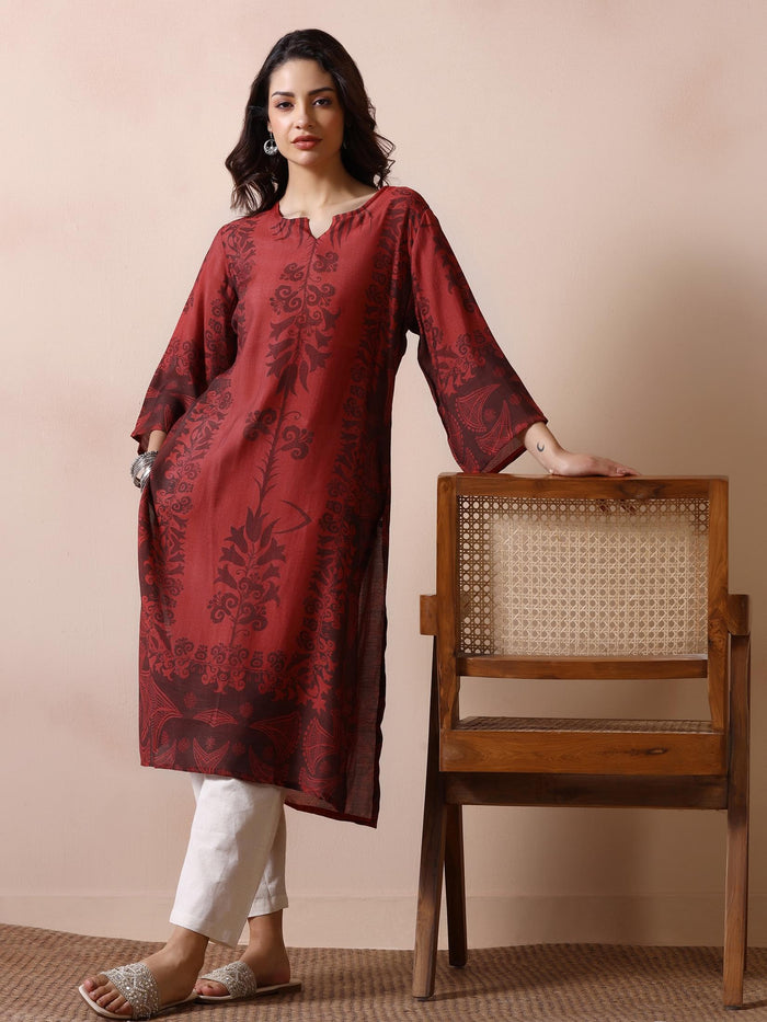 Women Chanderi Rust Printed Kurta.