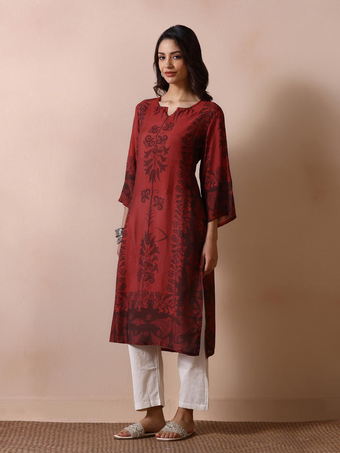 Women Chanderi Rust Printed Kurta.