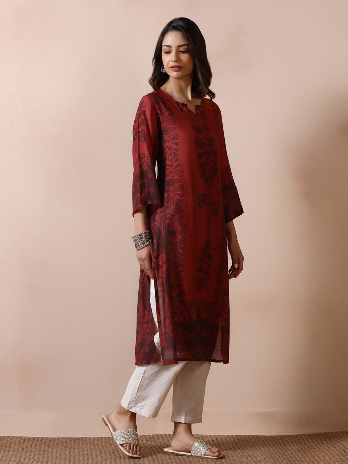 Women Chanderi Rust Printed Kurta.
