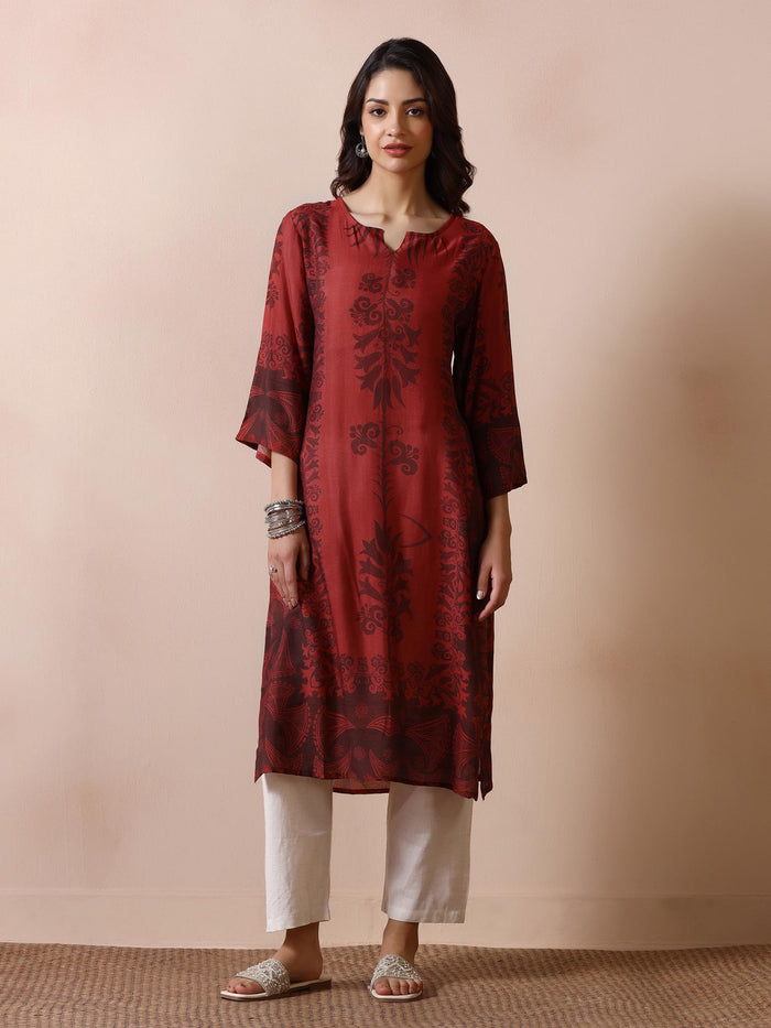 Women Chanderi Rust Printed Kurta.