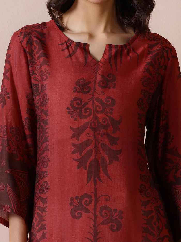 Women Chanderi Rust Printed Kurta.
