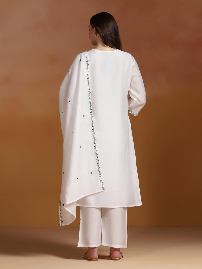 Women Chanderi White Embroidered Kurta Comfort Pant Dupatta.