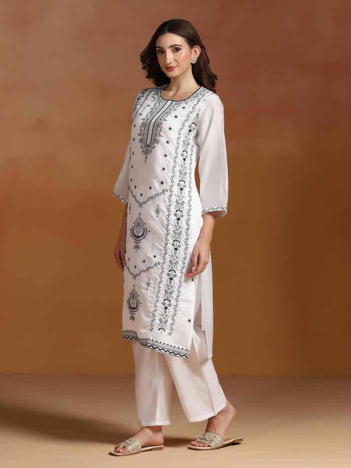 Women Chanderi White Embroidered Kurta Comfort Pant Dupatta.