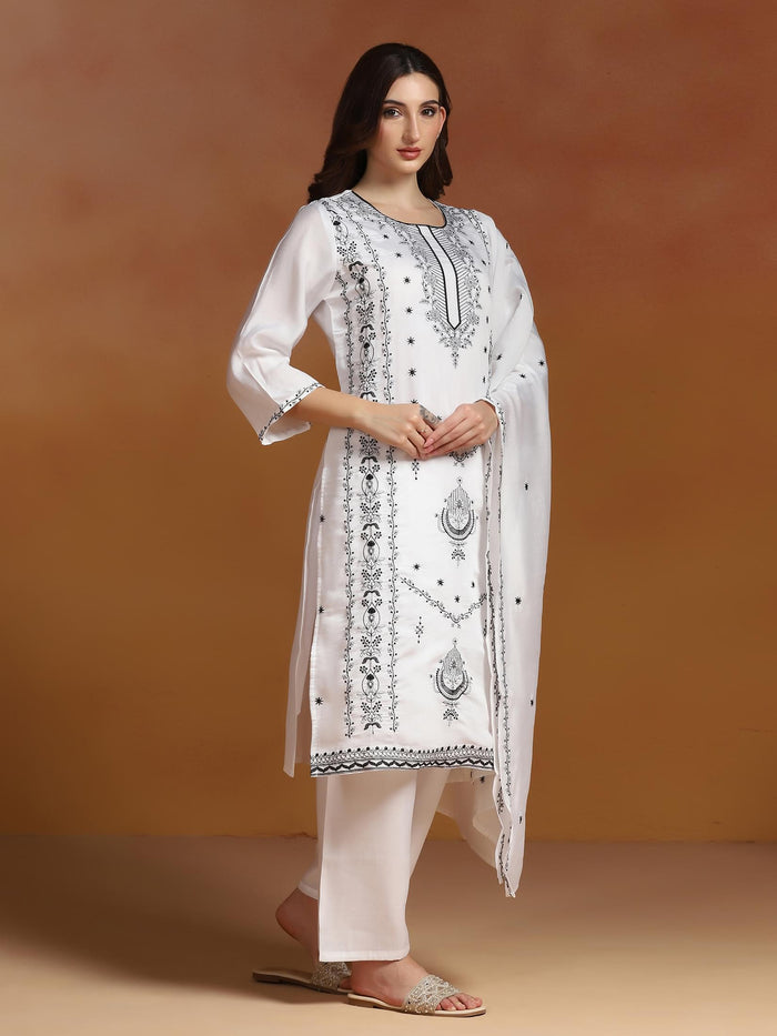 Women Chanderi White Embroidered Kurta Comfort Pant Dupatta.