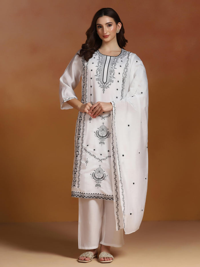 Women Chanderi White Embroidered Kurta Comfort Pant Dupatta.