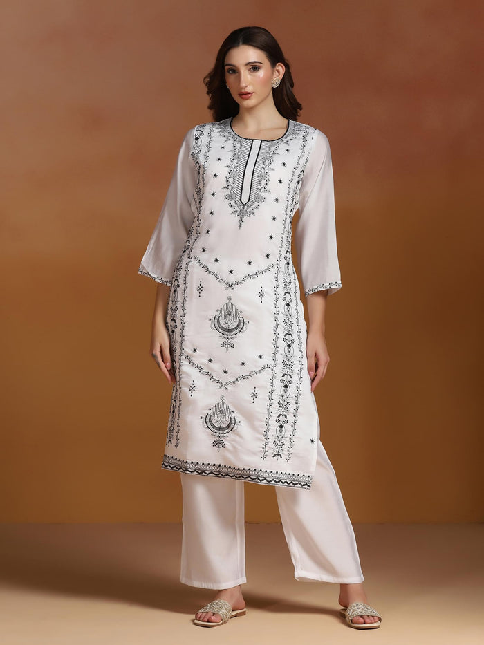 Women Chanderi White Embroidered Kurta Comfort Pant Dupatta.