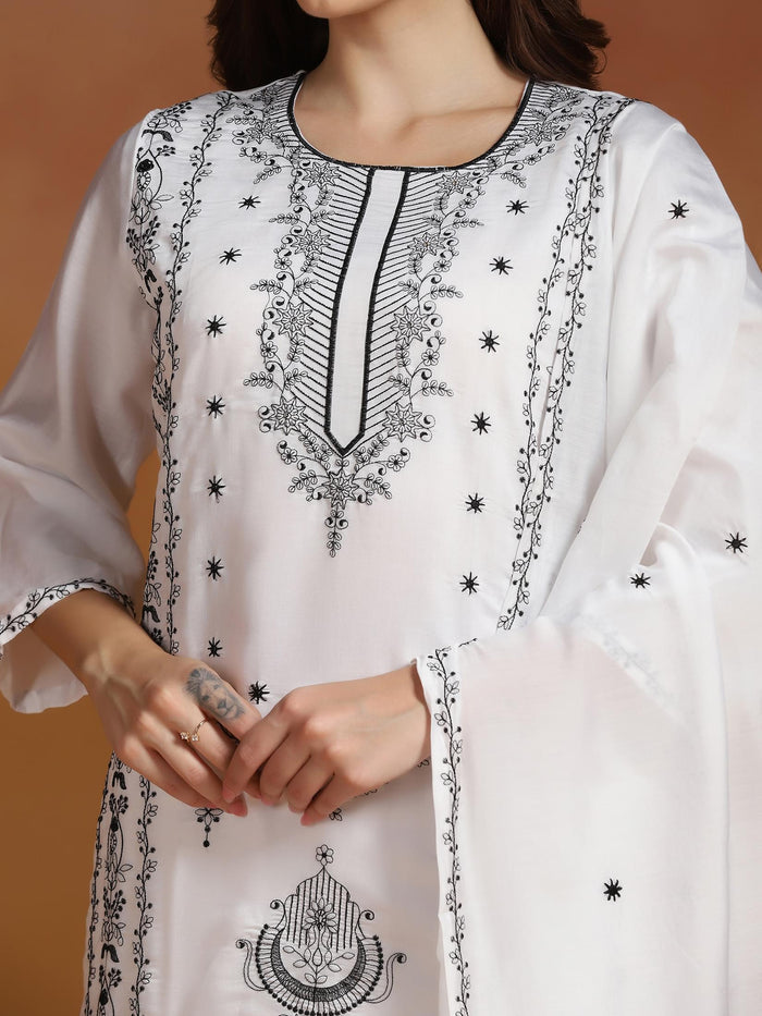 Women Chanderi White Embroidered Kurta Comfort Pant Dupatta.