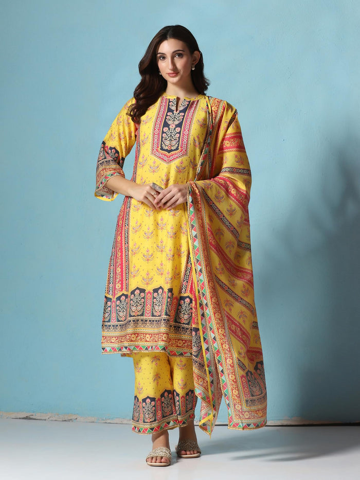 Women Chanderi Yellow Floral Print Kurta Comfort Pant Dupatta.