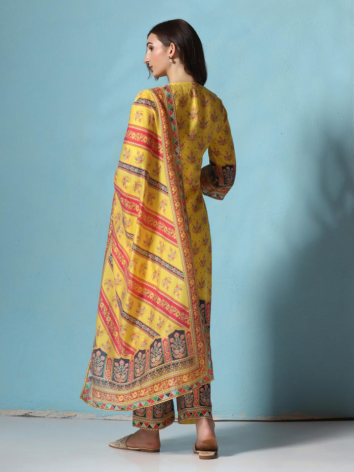 Women Chanderi Yellow Floral Print Kurta Comfort Pant Dupatta.