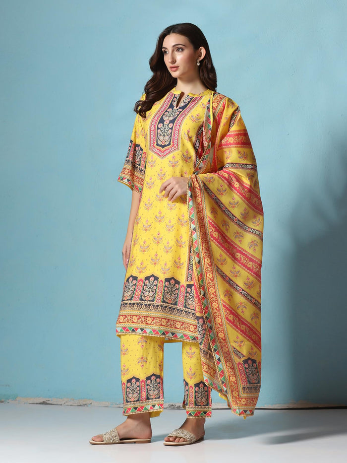 Women Chanderi Yellow Floral Print Kurta Comfort Pant Dupatta.