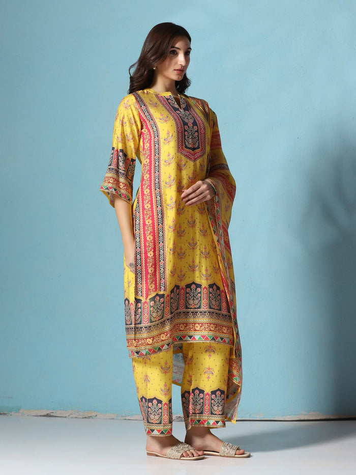 Women Chanderi Yellow Floral Print Kurta Comfort Pant Dupatta.