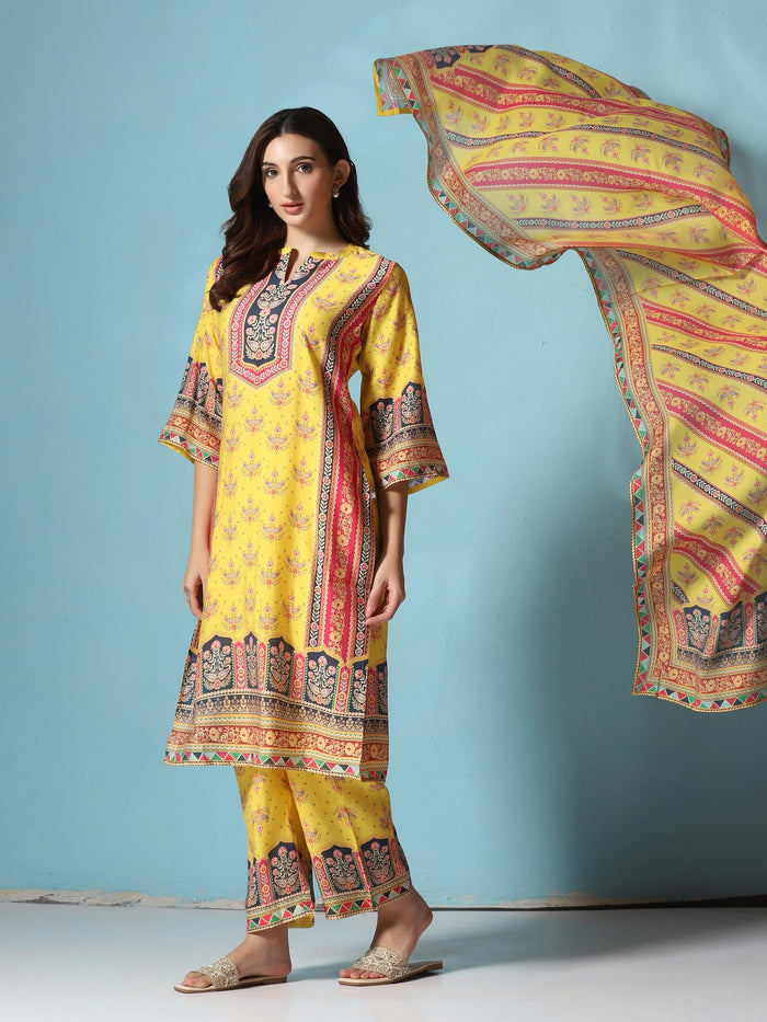 Women Chanderi Yellow Floral Print Kurta Comfort Pant Dupatta.