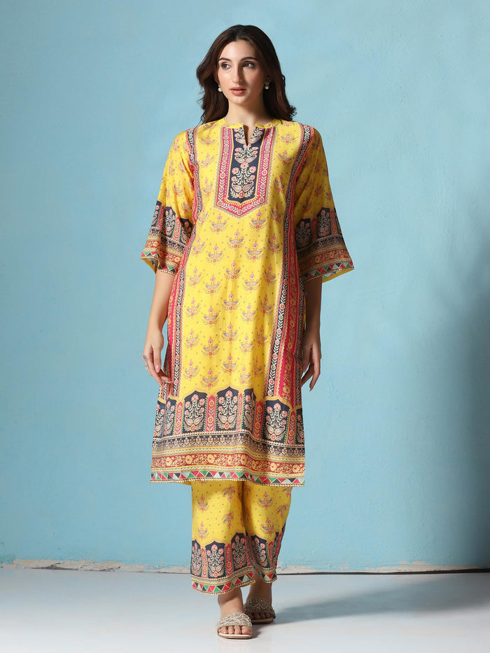 Women Chanderi Yellow Floral Print Kurta Comfort Pant Dupatta.