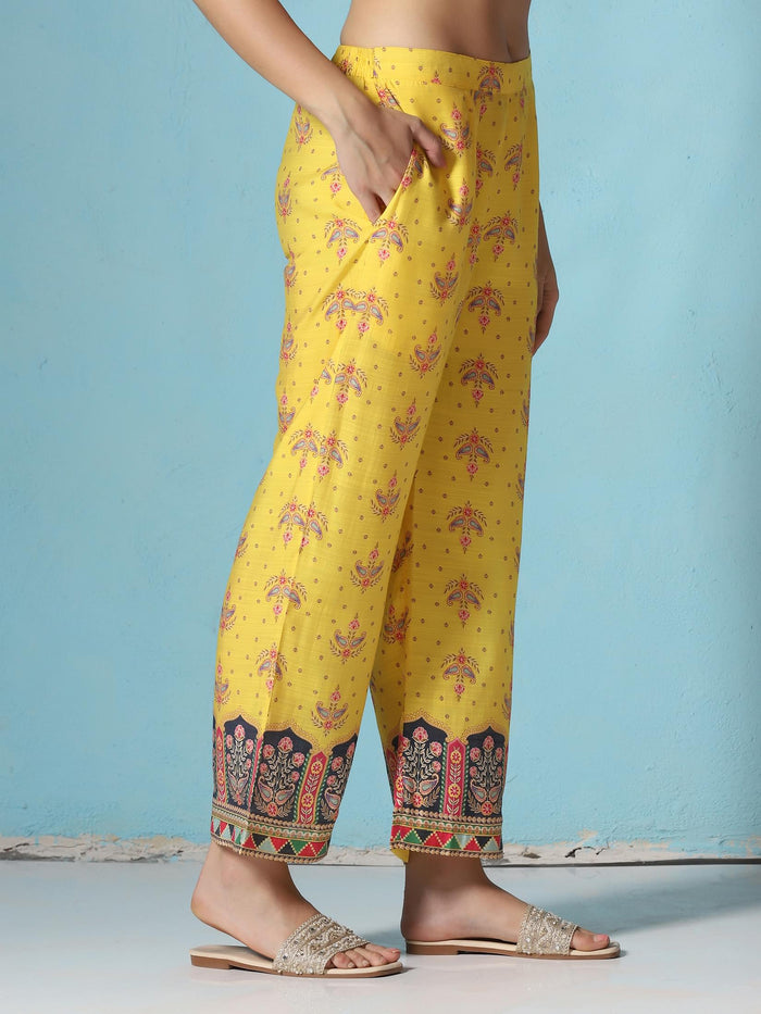Women Chanderi Yellow Floral Print Kurta Comfort Pant Dupatta.