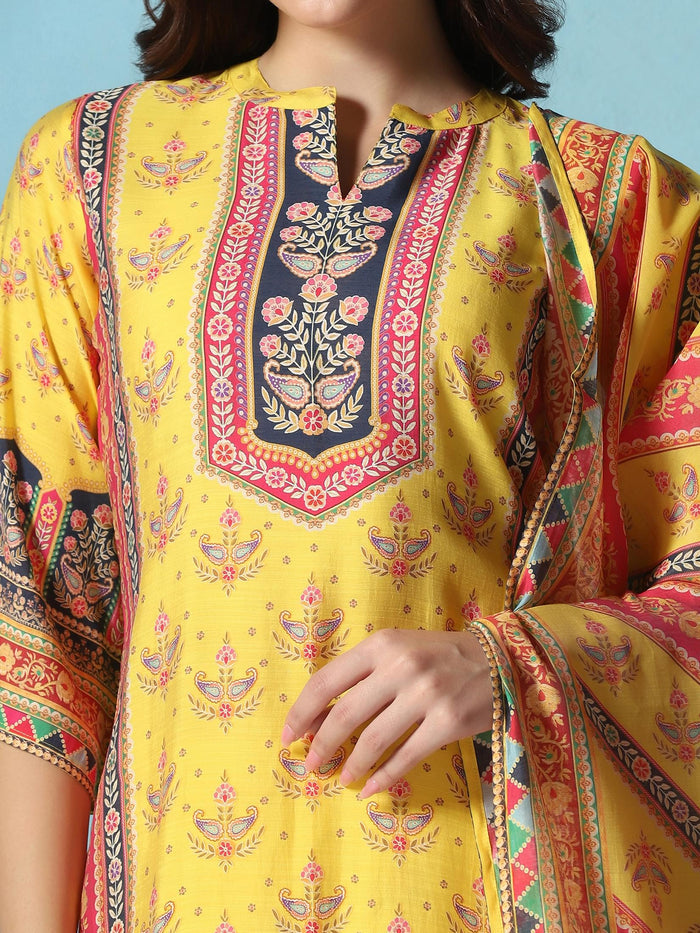 Women Chanderi Yellow Floral Print Kurta Comfort Pant Dupatta.
