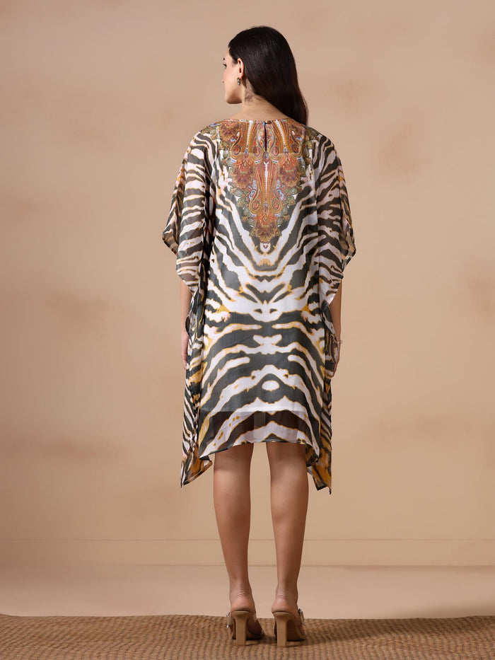 Women Chiffon Off White and Green Printed Kaftan with Inner.