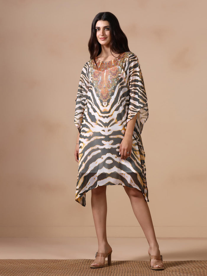 Women Chiffon Off White and Green Printed Kaftan with Inner.