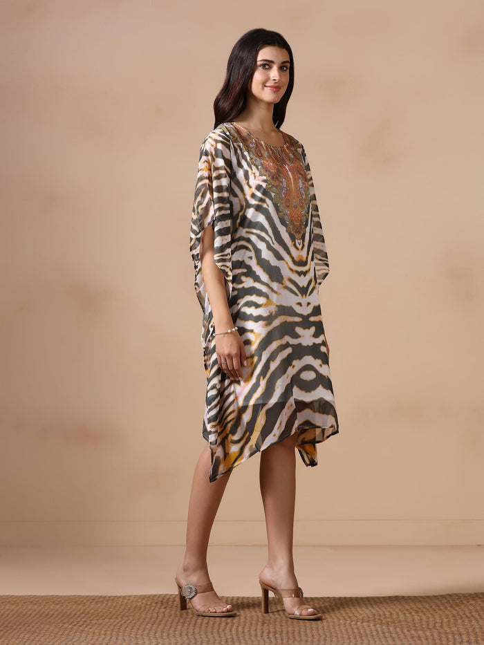 Women Chiffon Off White and Green Printed Kaftan with Inner.