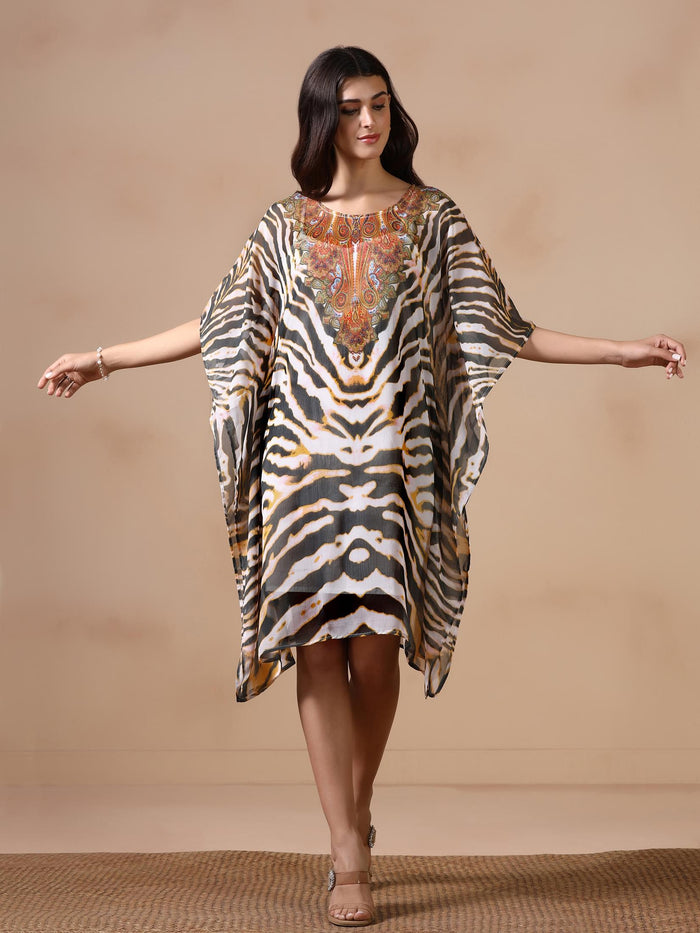 Women Chiffon Off White and Green Printed Kaftan with Inner.