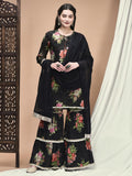 Women Chinon Black Floral Print Kurta Sharara Dupatta.