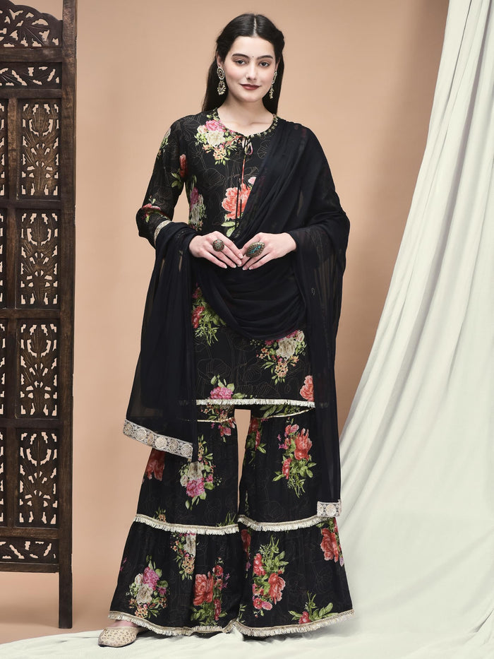 Women Chinon Black Floral Print Kurta Sharara Dupatta.