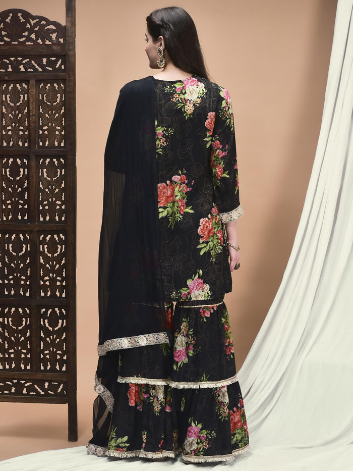 Women Chinon Black Floral Print Kurta Sharara Dupatta.
