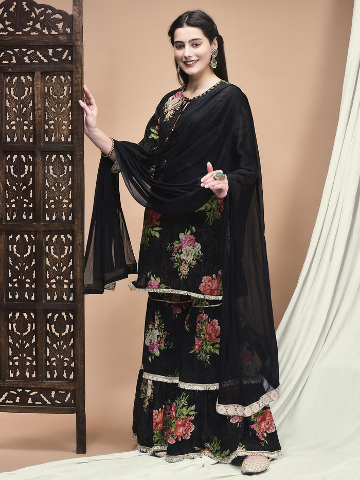 Women Chinon Black Floral Print Kurta Sharara Dupatta.