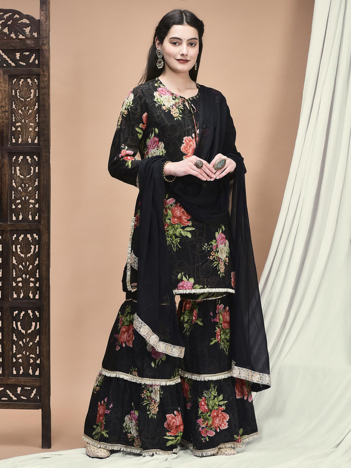 Women Chinon Black Floral Print Kurta Sharara Dupatta.