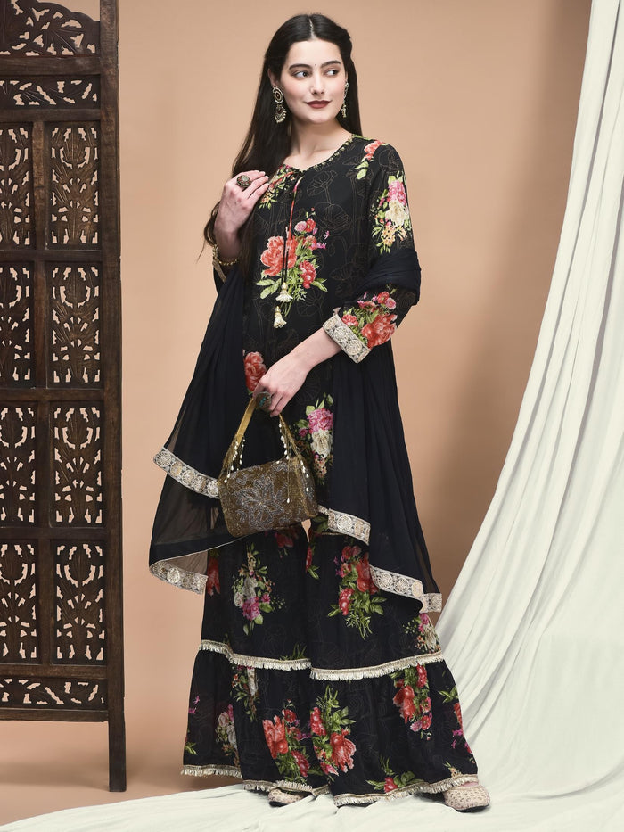 Women Chinon Black Floral Print Kurta Sharara Dupatta.
