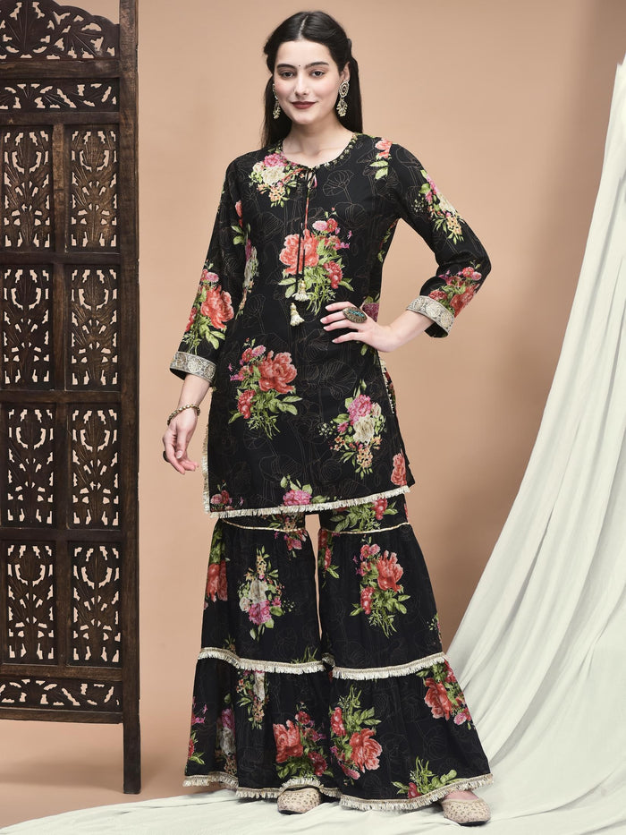 Women Chinon Black Floral Print Kurta Sharara Dupatta.
