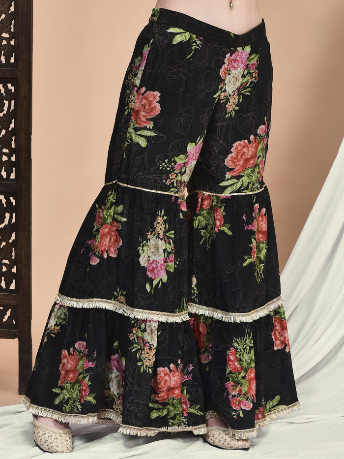 Women Chinon Black Floral Print Kurta Sharara Dupatta.
