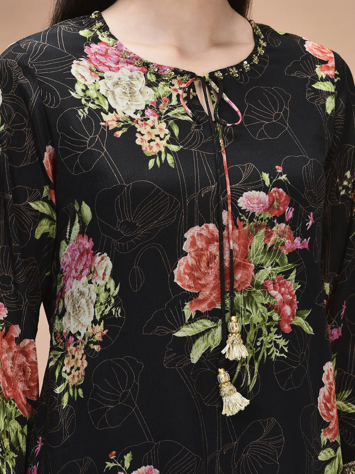 Women Chinon Black Floral Print Kurta Sharara Dupatta.