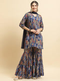 Women Chinon Blue Floral Kurta Sharara Dupatta.