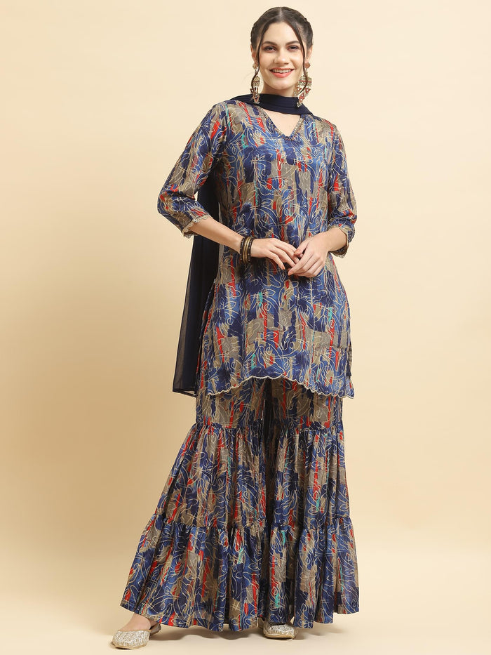 Women Chinon Blue Floral Kurta Sharara Dupatta.