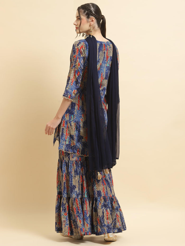 Women Chinon Blue Floral Kurta Sharara Dupatta.