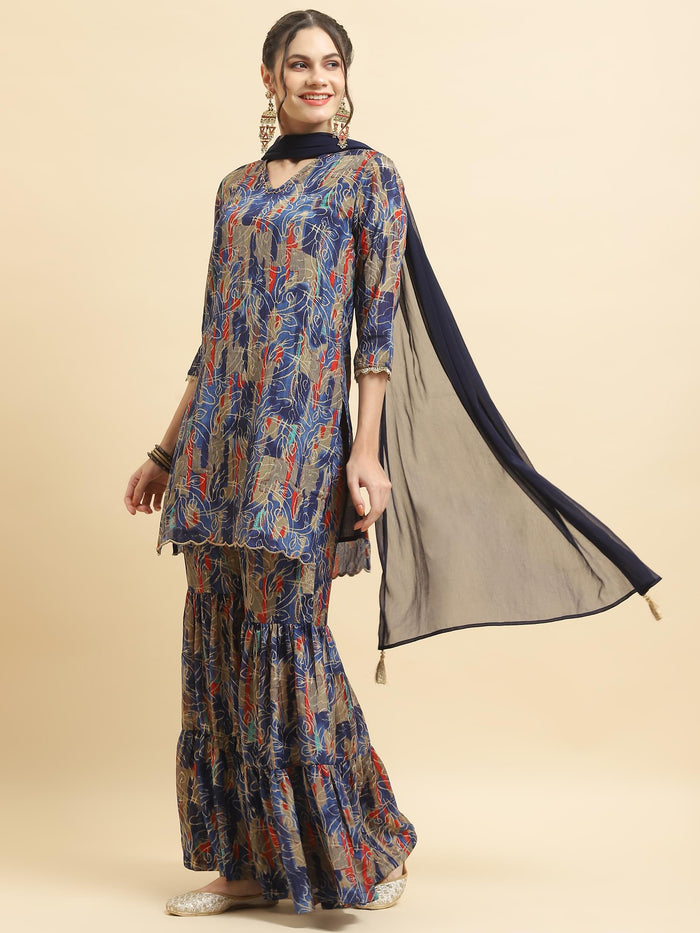 Women Chinon Blue Floral Kurta Sharara Dupatta.