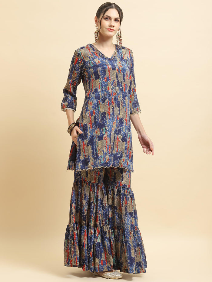 Women Chinon Blue Floral Kurta Sharara Dupatta.