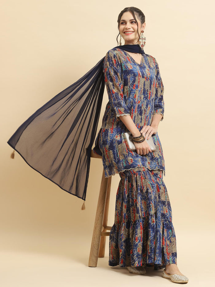 Women Chinon Blue Floral Kurta Sharara Dupatta.