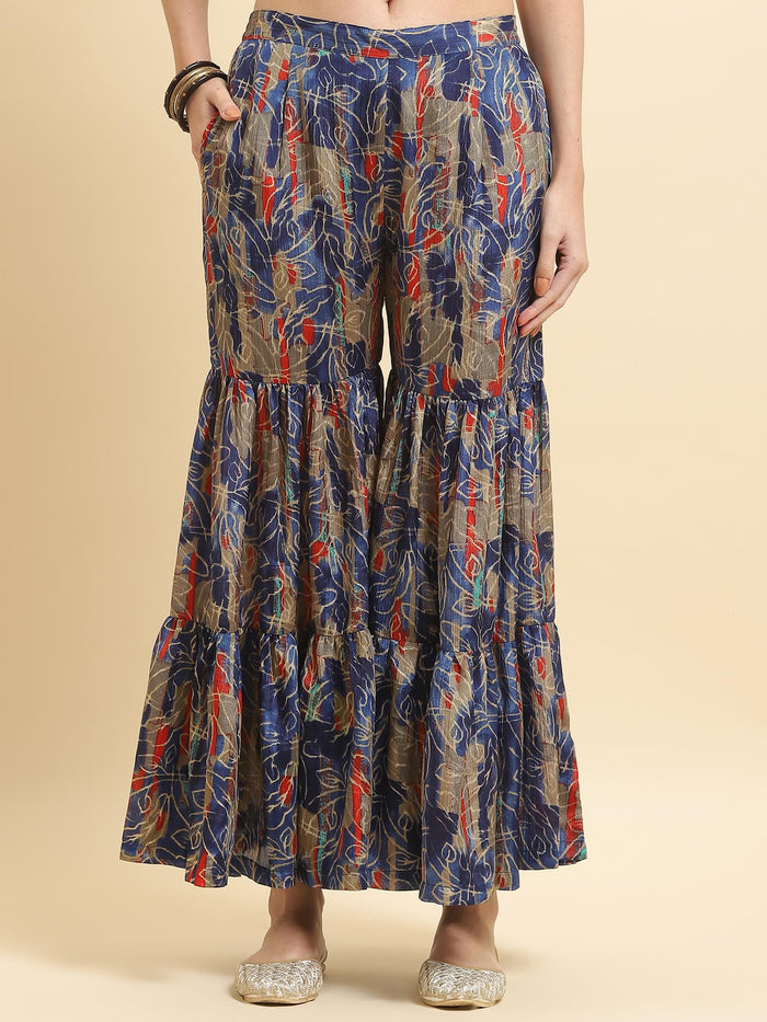 Women Chinon Blue Floral Kurta Sharara Dupatta.