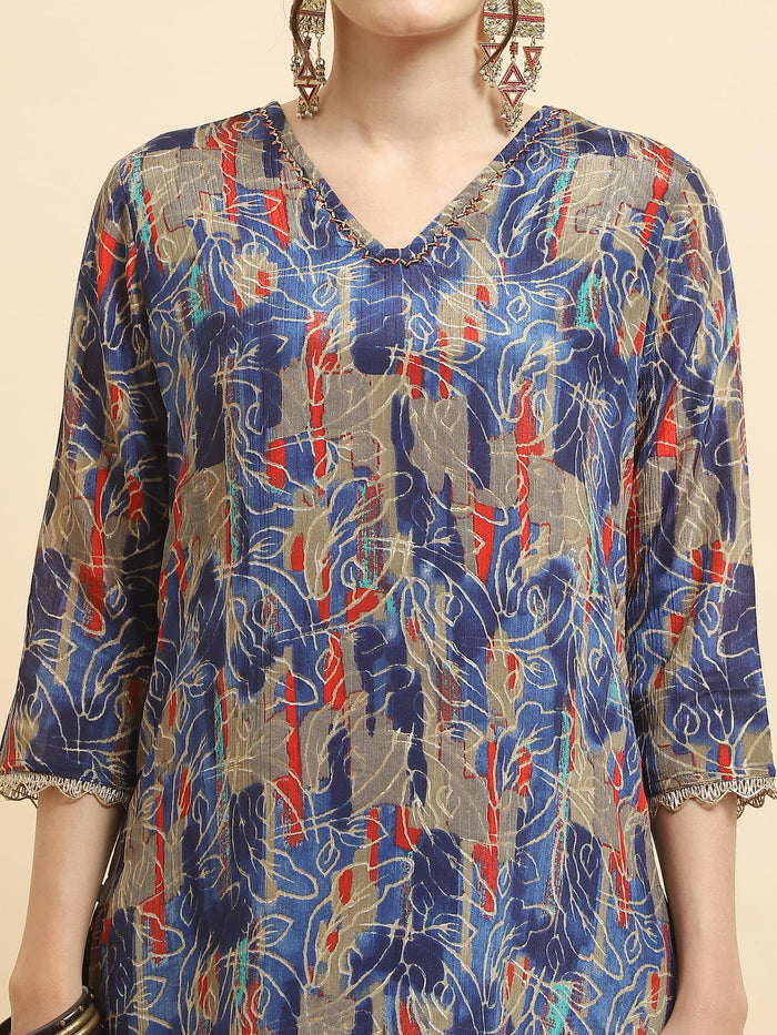 Women Chinon Blue Floral Kurta Sharara Dupatta.